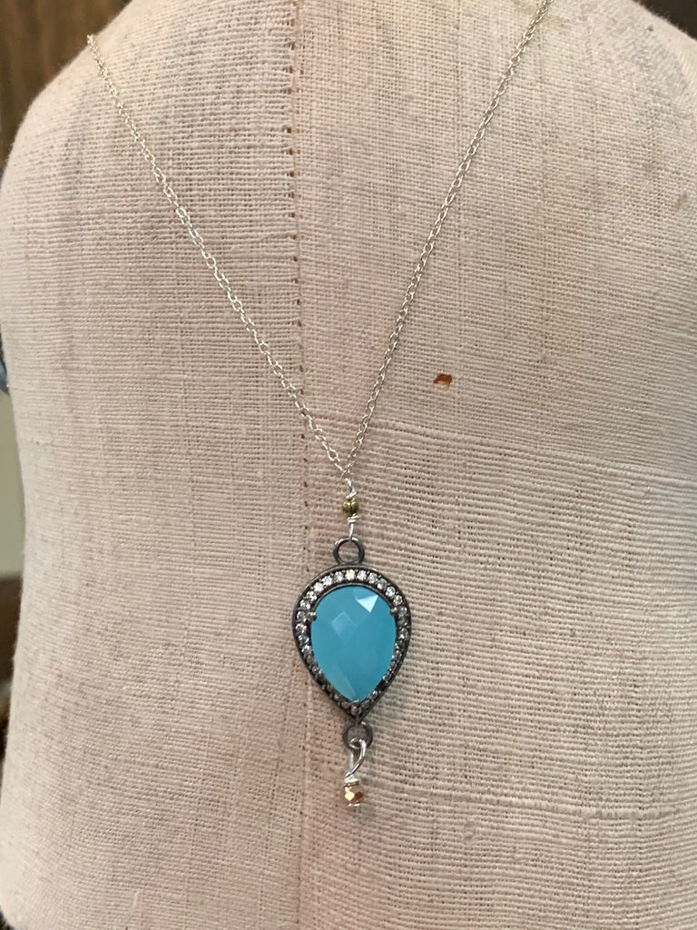 Dainty Silver Chain Rhinestone Blue Jewel Pendant Short Necklace